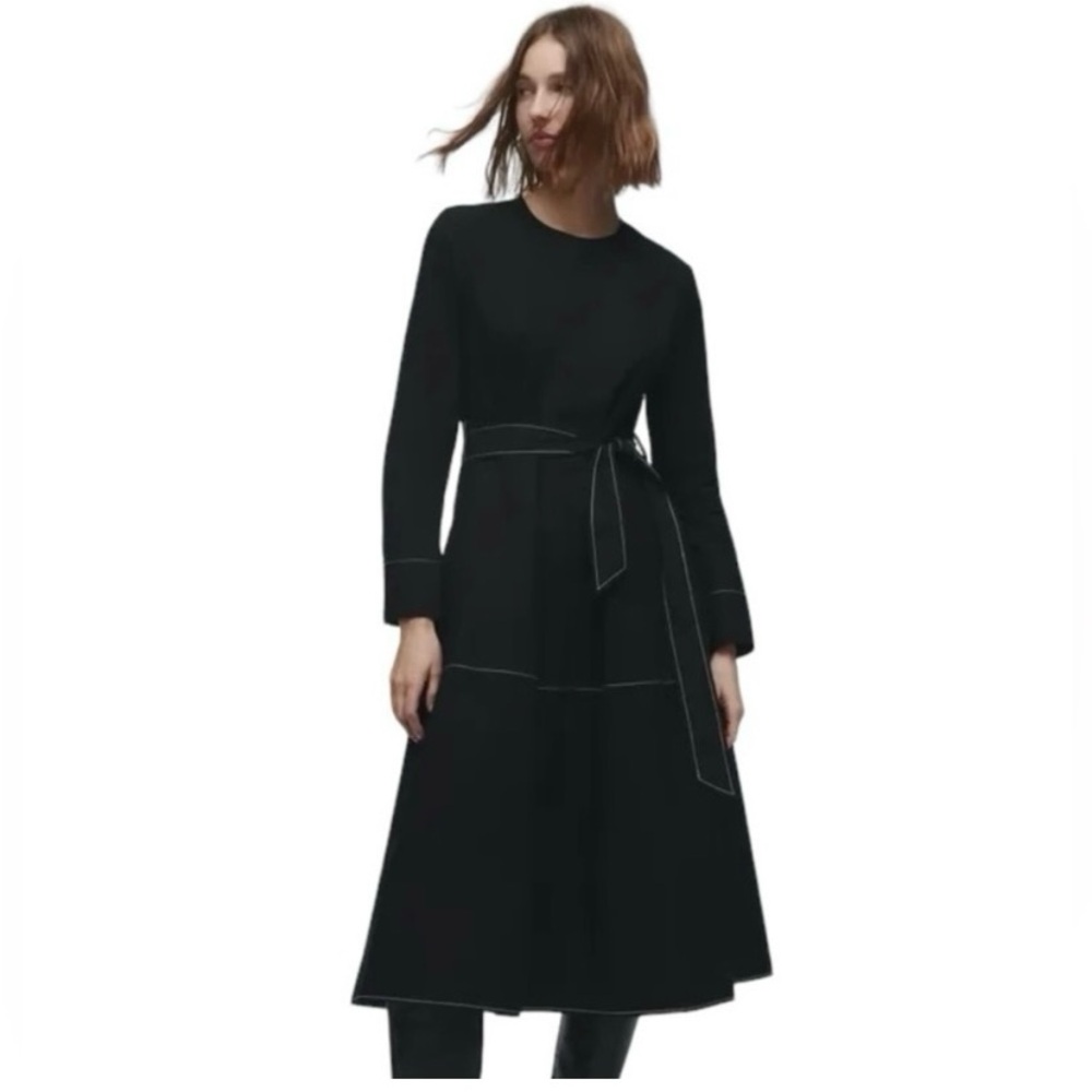 ZARA | The Ula Dress Contrast Stitch Midi Dress Long Sleeve Black Medium NWT